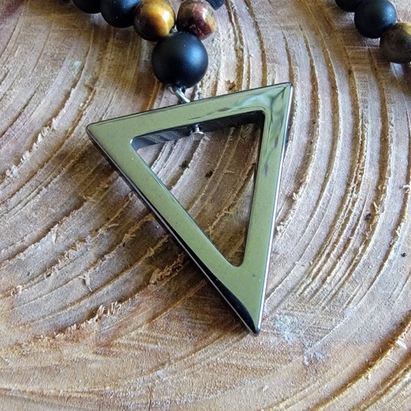 Black and Gold Hermatite and Lava Beaded Necklace with Triangle Pendant - Picture 2 of 7